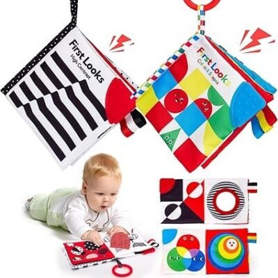 hahaland 2 Pack Baby Toys 0-6 Months, High Contrast Soft Baby Books, Hangable Sensory Toys Crinkle Cloth Books Folding Infant Toys