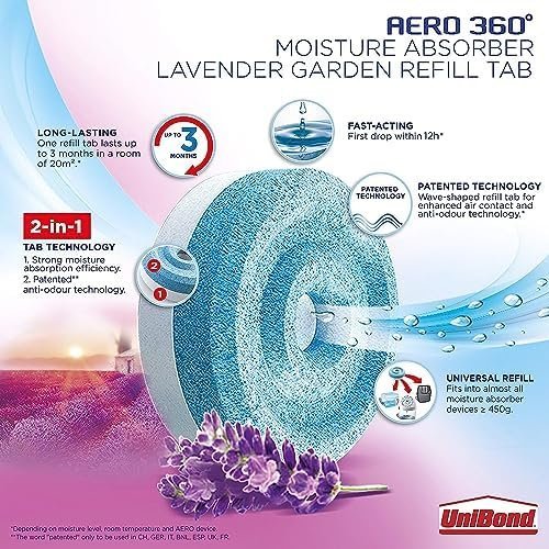 UniBond AERO 360° Moisture Absorber Lavender Garden Refill Tab, aromatherapy, ultra-absorbent and odour-neutralising, for AERO 360° Dehumidifier, Condensation Absorbers, Twin Pack (2 x 450g) - Image 4