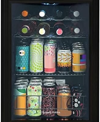 Russell Hobbs Mini Fridge 20 Bottle/62L Lockable Freestanding Black Table Top Mini Beer & Wine Fridge, LED Light & Lock and Key with Glass Door RHGWC4B-LCK