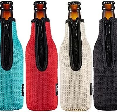 WK ieason Beer Bottle Sleeve Insulators 12oz 330ml Standard Beer Bottle Cooler Covers Zip-up Bottle Jacket 12OZ Beer Bottle Holder Non-Slip Thick Neoprene Sleeves 4Pcs Pack (Black/Red/Blue/Grey)
