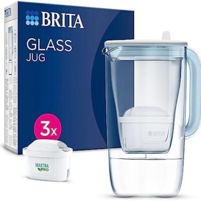 BRITA Glass Water Filter Jug Light Blue (2.5L) Starter Pack inc. 3x MAXTRA PRO All-in-1 cartridge - Premium Glass jug with easy-filling Flip-Lid and Indicator - in sustainable Smart Box packaging